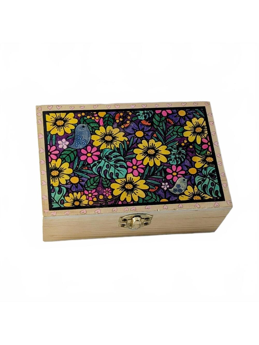 Kitschy Wood Flower Bird Keepsake Box
